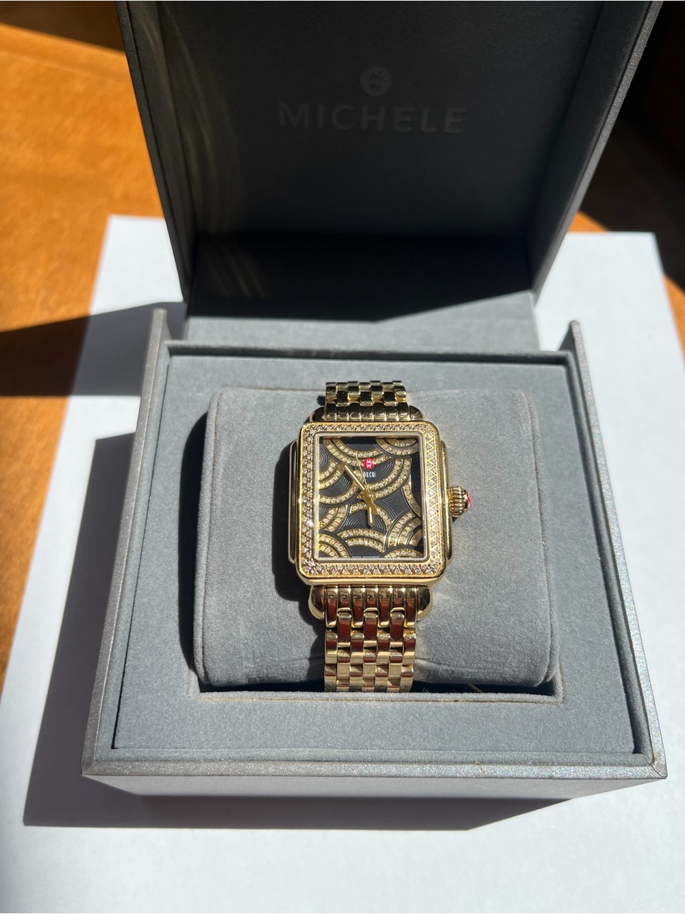 Michele Gold-Tone Black Dial Diamond Accent Deco Bracelet Watch - Picture 3 of 3